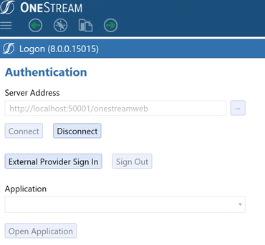 The Logon screen for external identity provider only has a blue Authentication heading at the top with a server address below in a rectangular field. There is a blue, rectangular button for External Provider Sign In. There is also an Application drop-down menu that is a rectangle with a black down arrow.